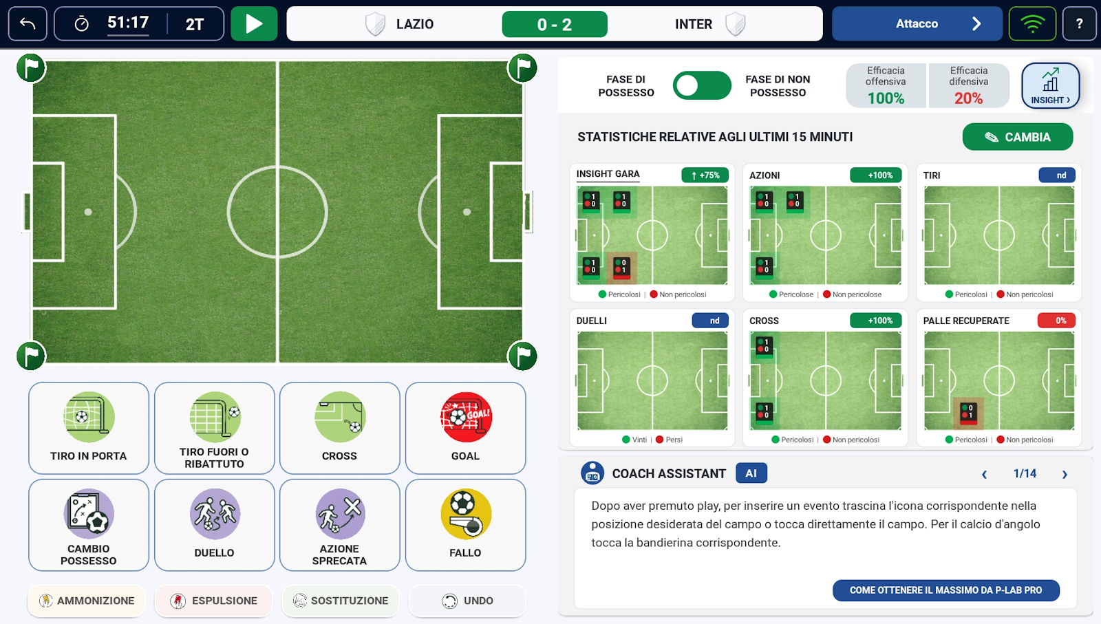 App screenshot: live match with pitch, statistics and Coach Assistant